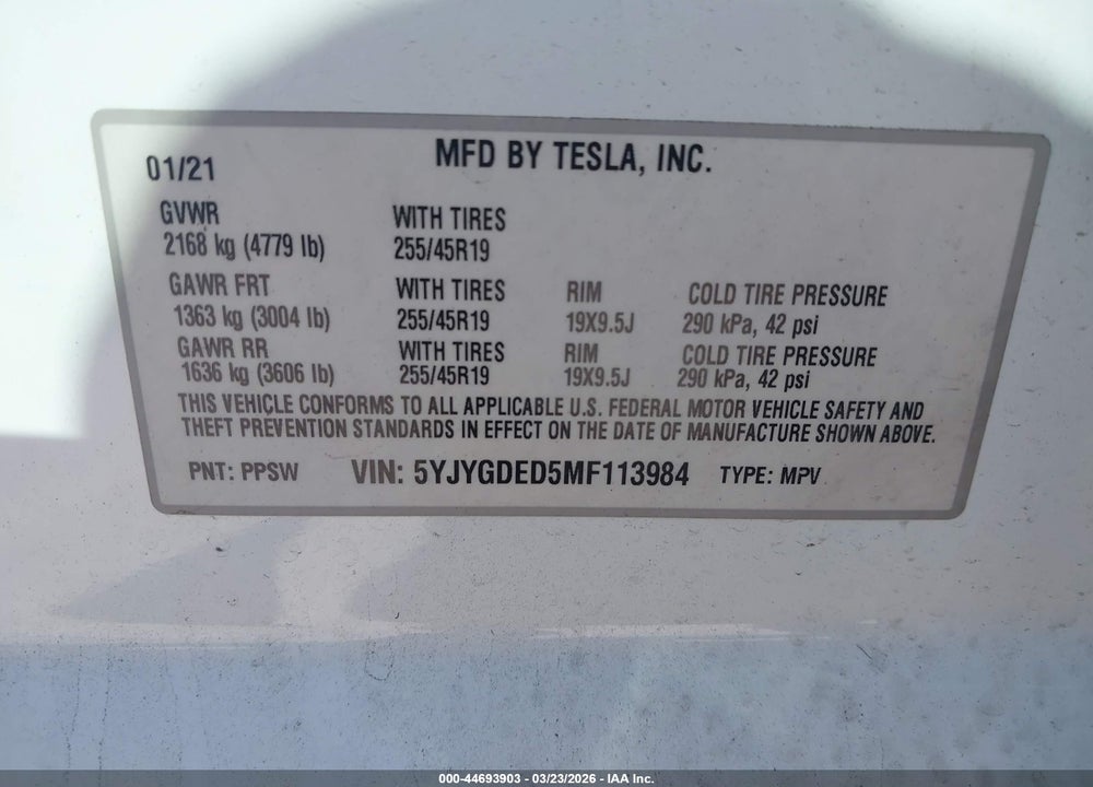 2021 TESLA MODEL Y STANDARD RANGE REAR-WHEEL DRIVE VIN: 5YJYGDED5MF113984