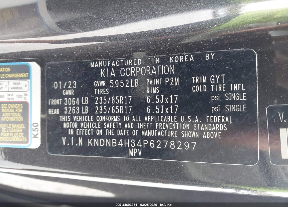 2023 KIA CARNIVAL MPV LX SEAT PACKAGE VIN: KNDNB4H34P6278297