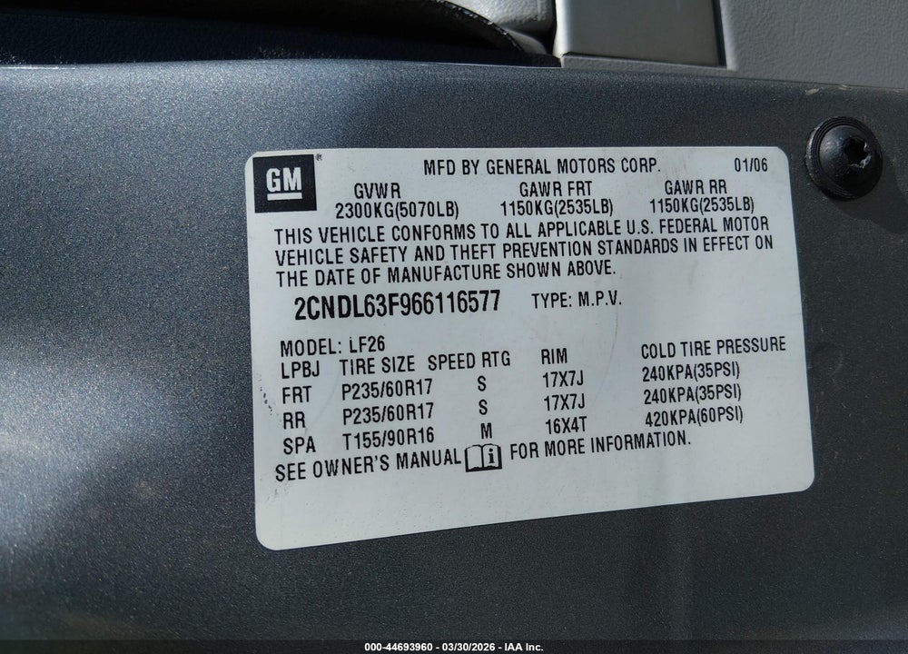 2006 CHEVROLET EQUINOX LT VIN: 2CNDL63F966116577
