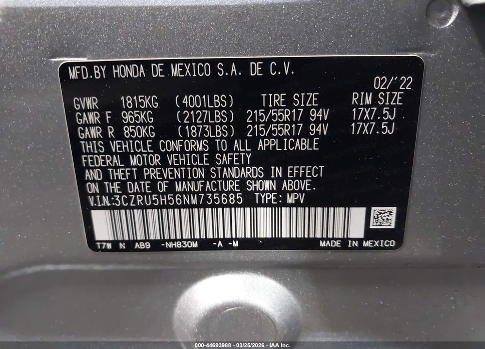 2022 HONDA HR-V 2WD EX VIN: 3CZRU5H56NM735685