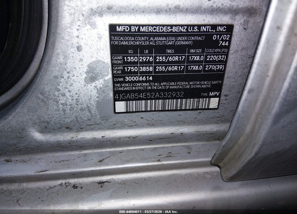 2002 MERCEDES-BENZ ML 320 VIN: 4JGAB54E52A332932