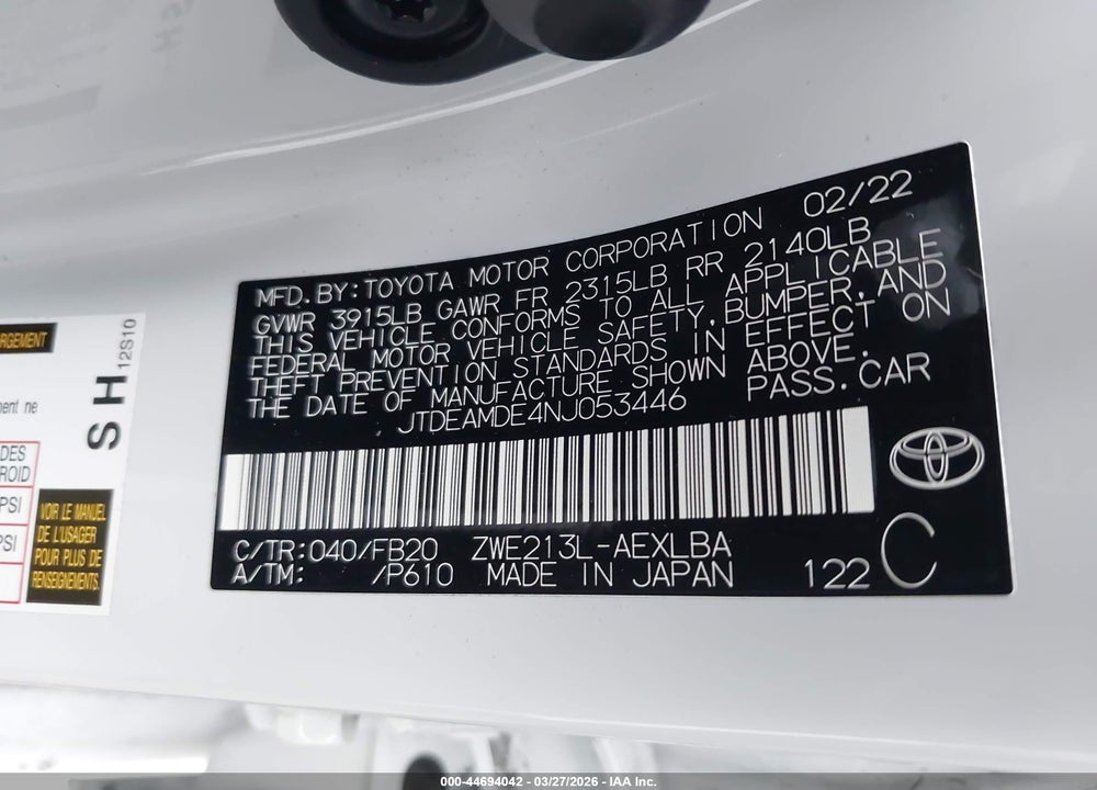 2022 TOYOTA COROLLA HYBRID LE VIN: JTDEAMDE4NJ053446