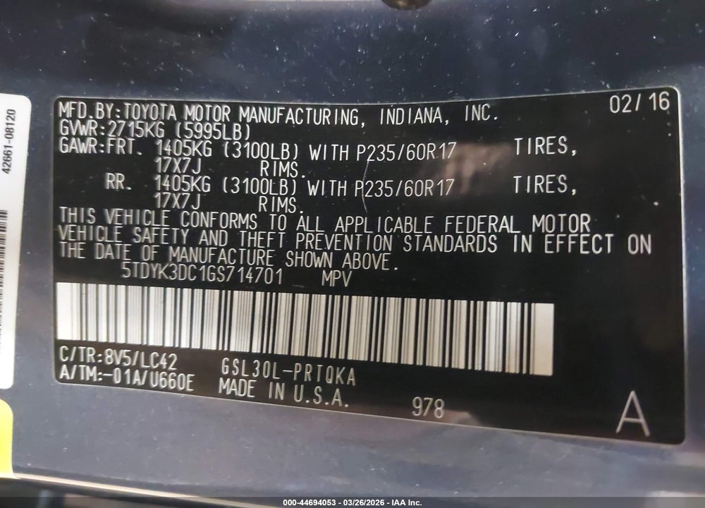 2016 TOYOTA SIENNA XLE 8 PASSENGER VIN: 5TDYK3DC1GS714701