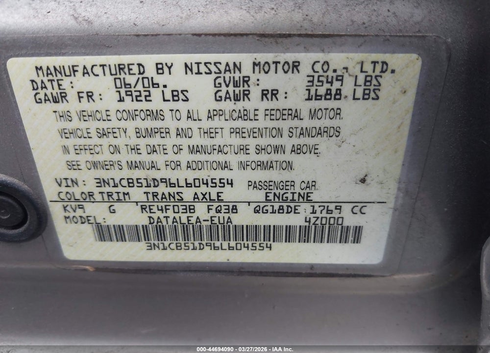 2006 NISSAN SENTRA 1.8S VIN: 3N1CB51D96L604554