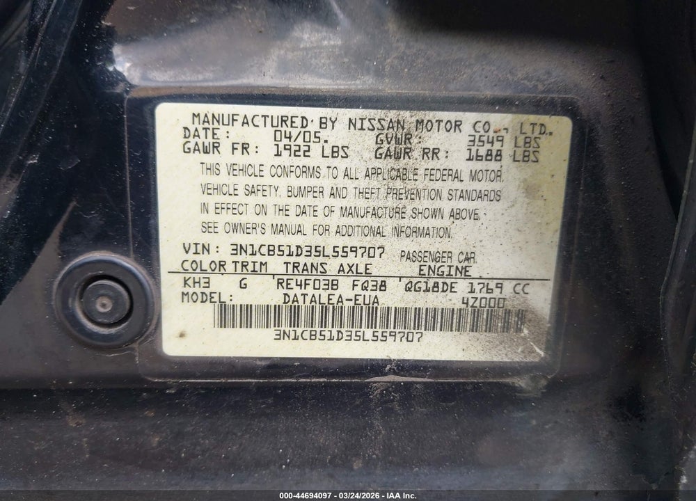 2005 NISSAN SENTRA 1.8S VIN: 3N1CB51D35L559707