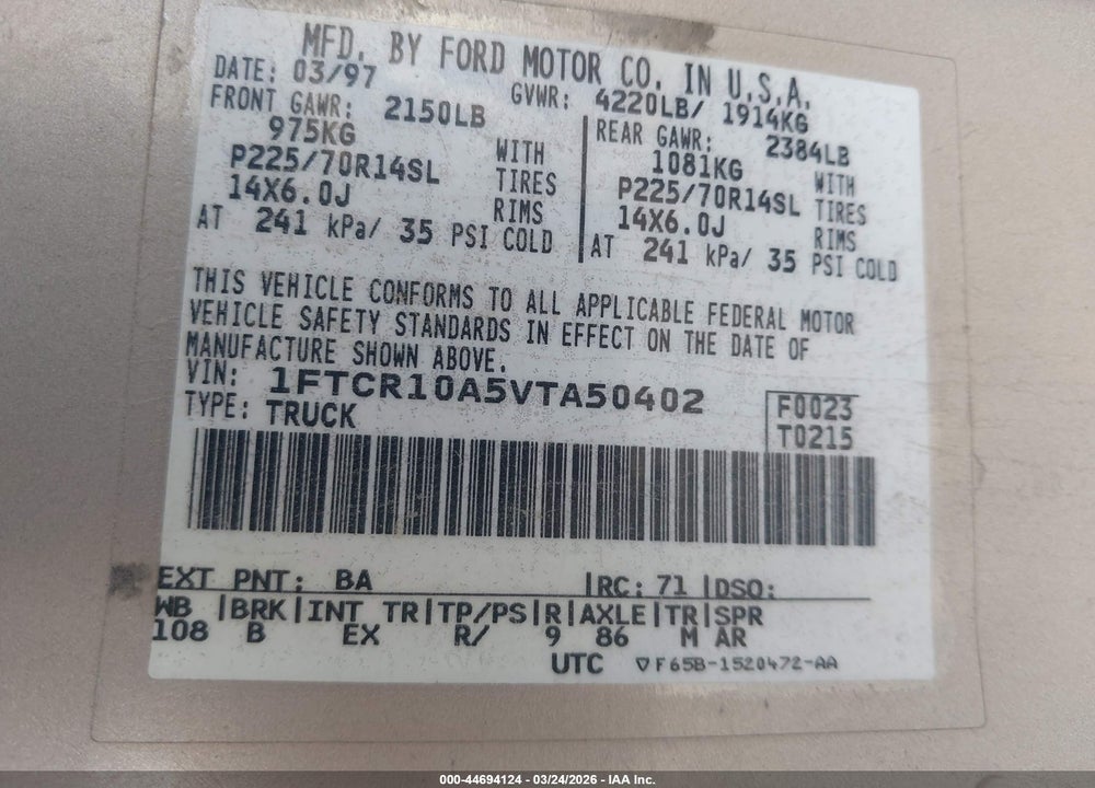 1997 FORD RANGER SPLASH/XL/XLT VIN: 1FTCR10A5VTA50402