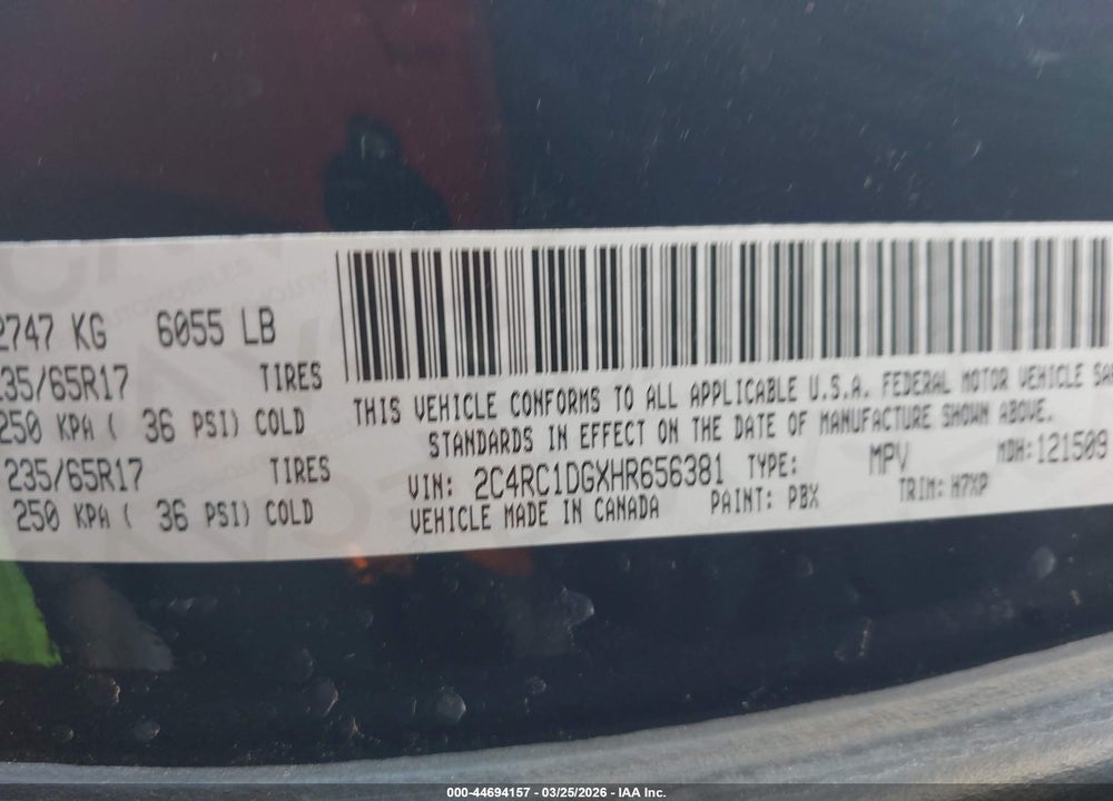 2017 CHRYSLER PACIFICA TOURING VIN: 2C4RC1DGXHR656381