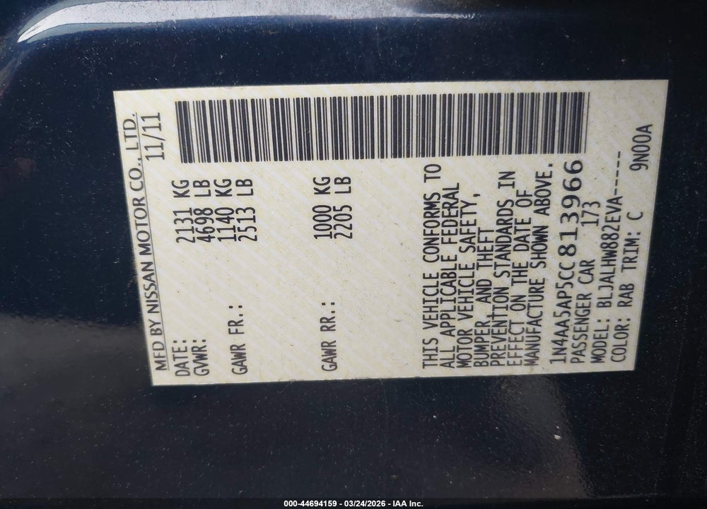 2012 NISSAN MAXIMA 3.5 SV VIN: 1N4AA5AP5CC813966