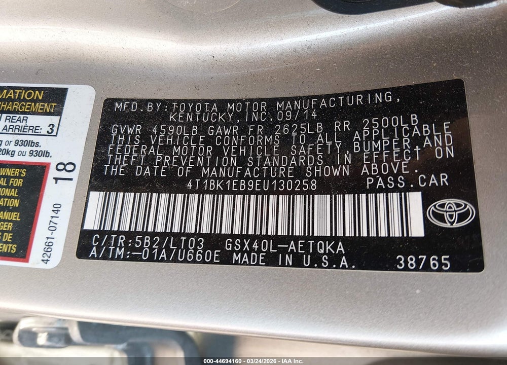 2014 TOYOTA AVALON VIN: 4T1BK1EB9EU130258