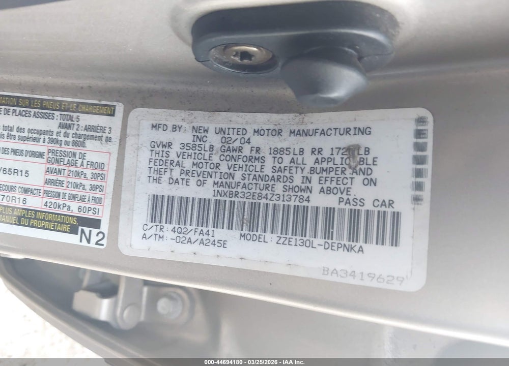 2004 TOYOTA COROLLA LE VIN: 1NXBR32E84Z313784
