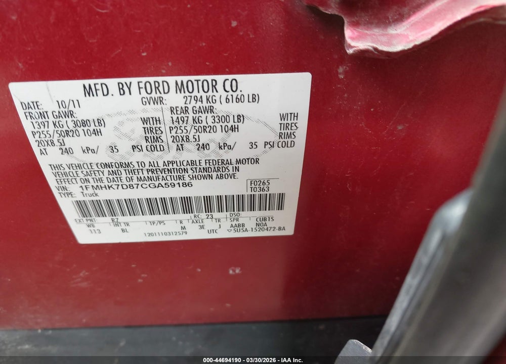 2012 FORD EXPLORER XLT VIN: 1FMHK7D87CGA59186