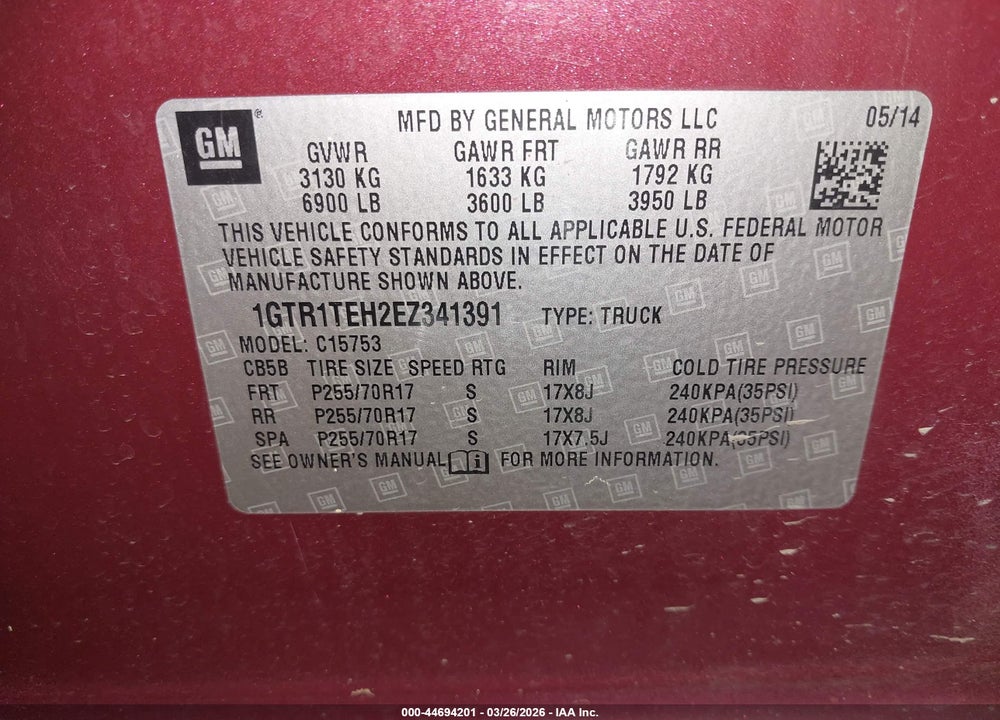 2014 GMC SIERRA 1500 VIN: 1GTR1TEH2EZ341391