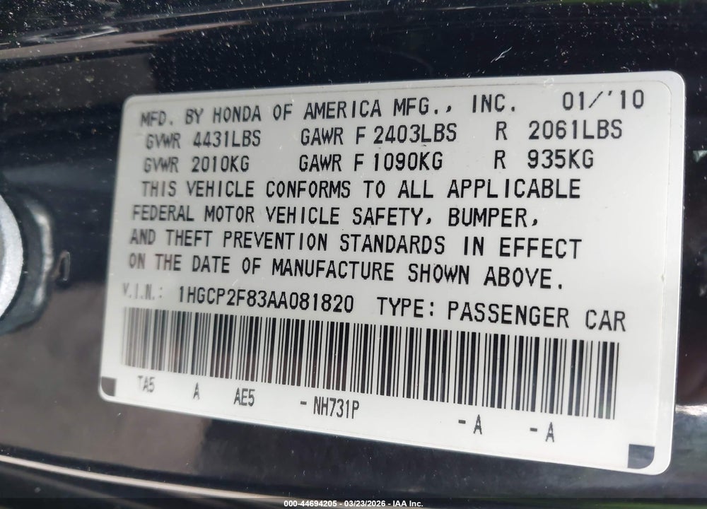 2010 HONDA ACCORD 2.4 EX-L VIN: 1HGCP2F83AA081820