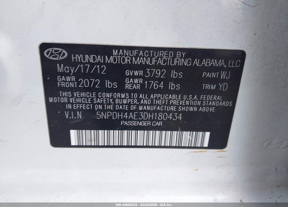 2013 HYUNDAI ELANTRA GLS/LIMITED VIN: 5NPDH4AE3DH180434