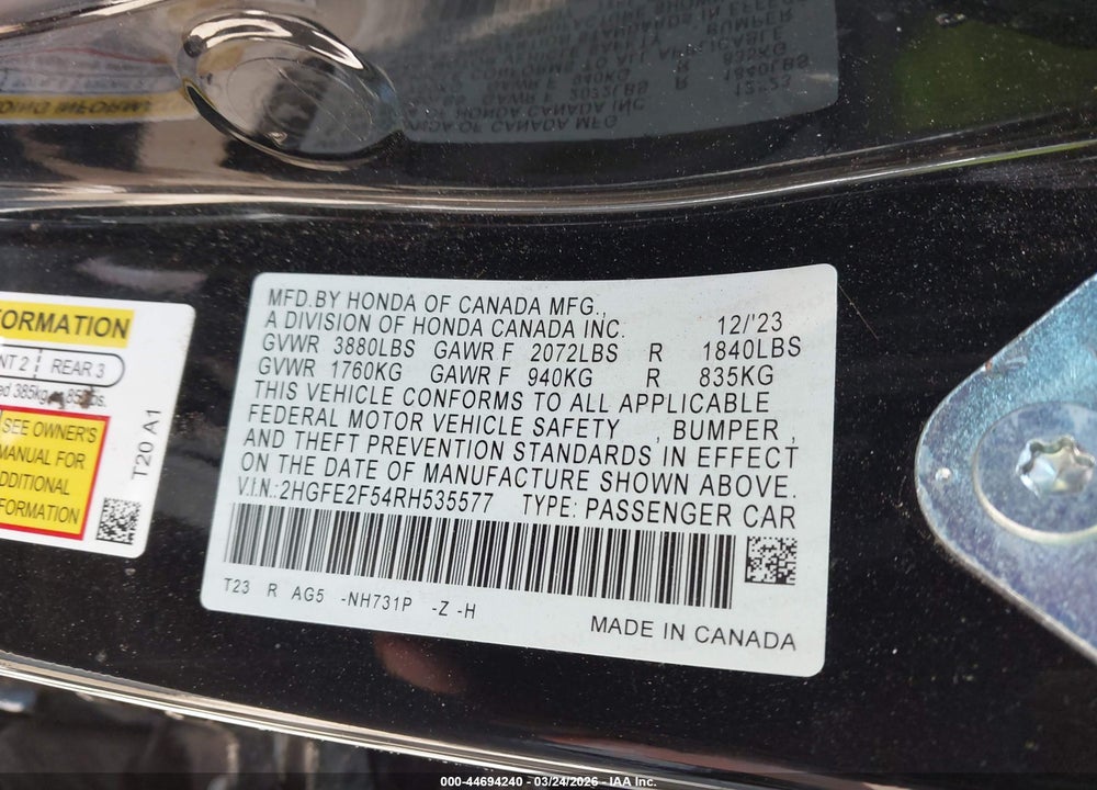 2024 HONDA CIVIC SPORT VIN: 2HGFE2F54RH535577