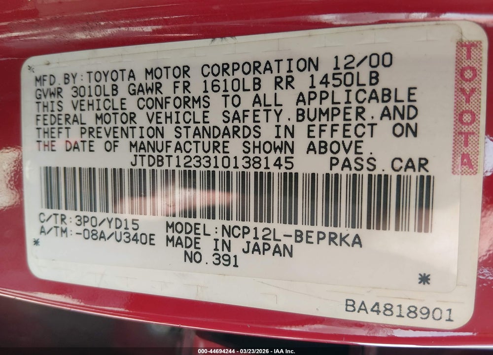 2001 TOYOTA ECHO VIN: JTDBT123310138145