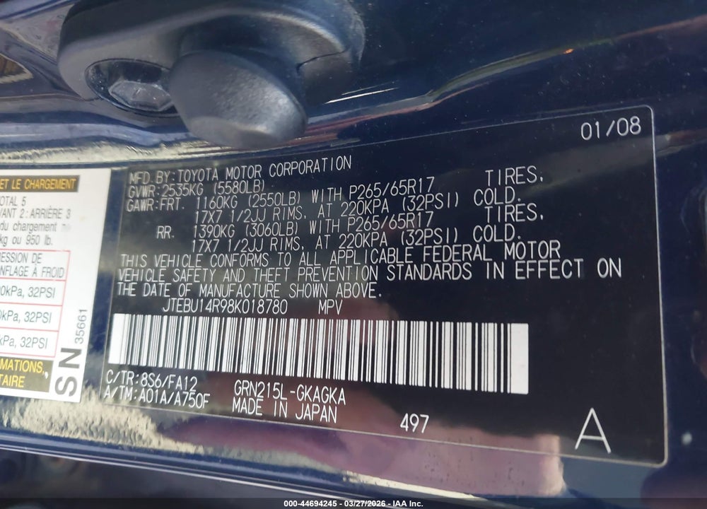 2008 TOYOTA 4RUNNER SR5 V6 VIN: JTEBU14R98K018780