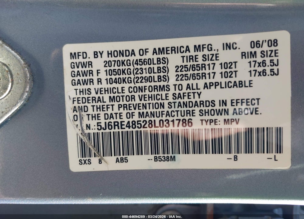 2008 HONDA CR-V EX VIN: 5J6RE48528L031786