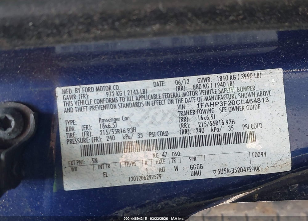 2012 FORD FOCUS SE VIN: 1FAHP3F20CL464813