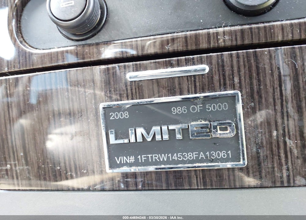 2008 FORD F-150 LIMITED VIN: 1FTRW14538FA13061