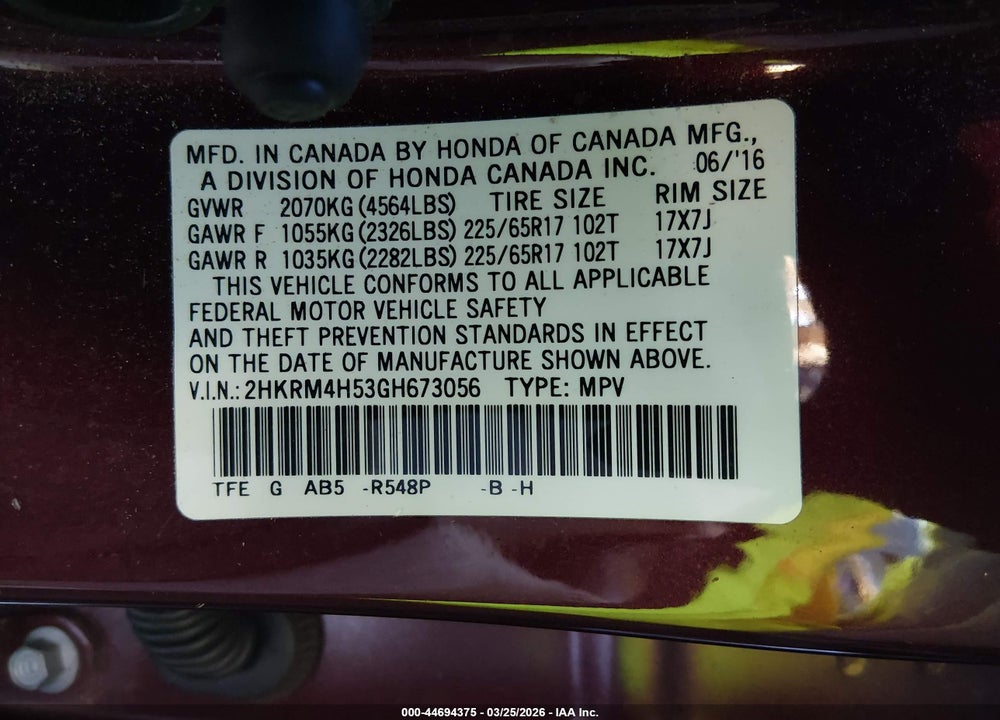 2016 HONDA CR-V EX VIN: 2HKRM4H53GH673056