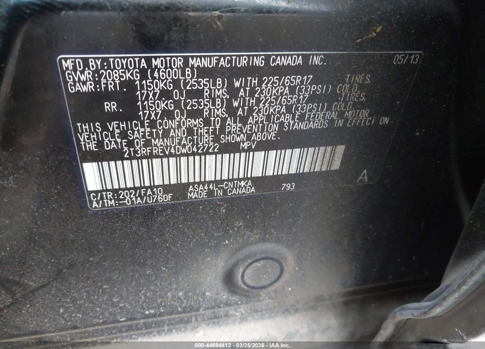 2013 TOYOTA RAV4 XLE VIN: 2T3RFREV4DW042722