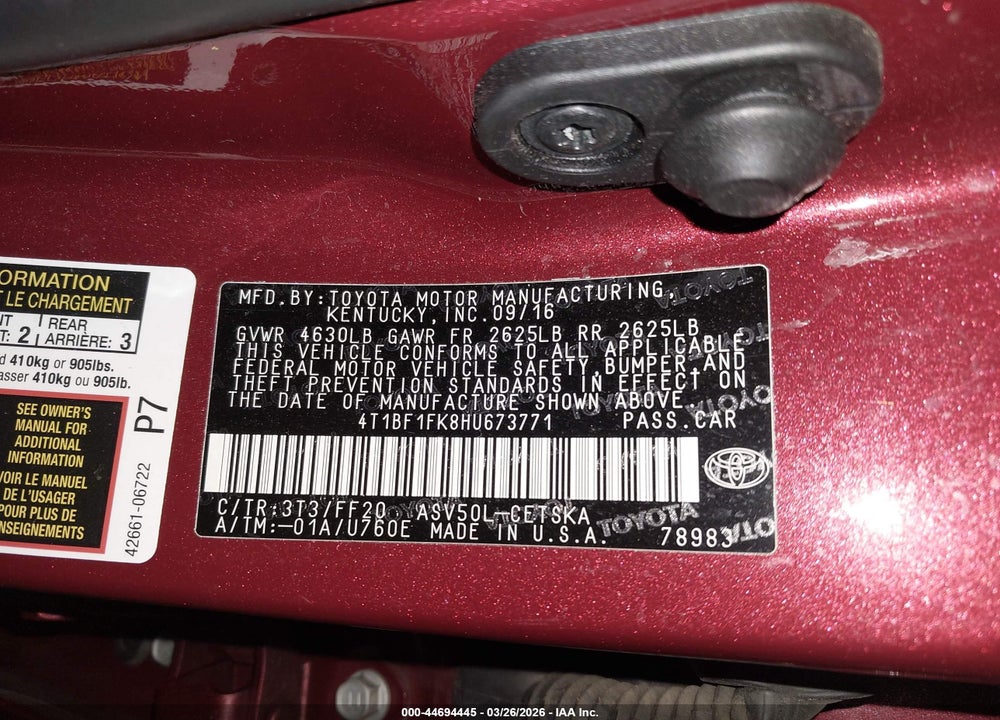 2017 TOYOTA CAMRY SE VIN: 4T1BF1FK8HU673771