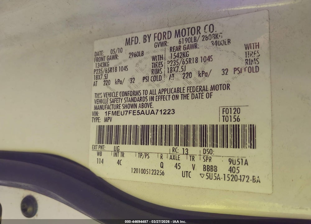 2010 FORD EXPLORER LIMITED VIN: 1FMEU7FE5AUA71223
