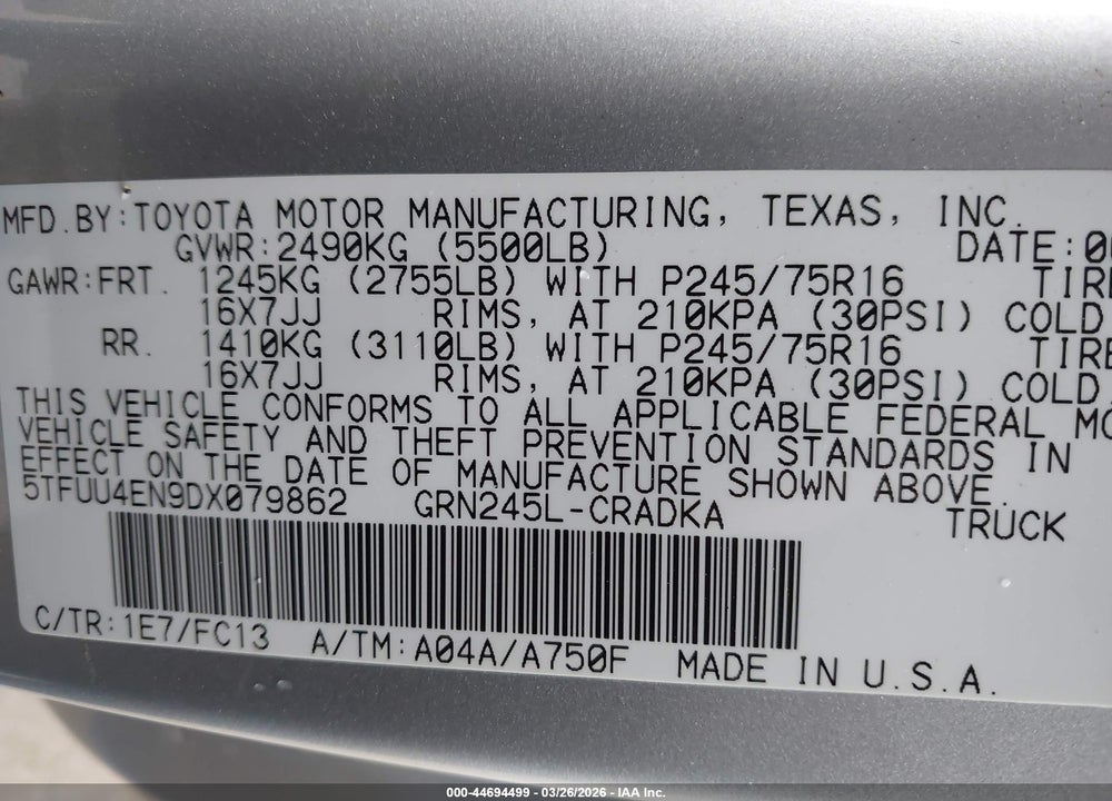 2013 TOYOTA TACOMA BASE V6 VIN: 5TFUU4EN9DX079862