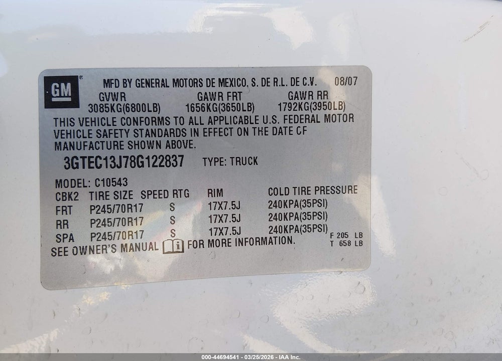 2008 GMC SIERRA 1500 SLE1 VIN: 3GTEC13J78G122837