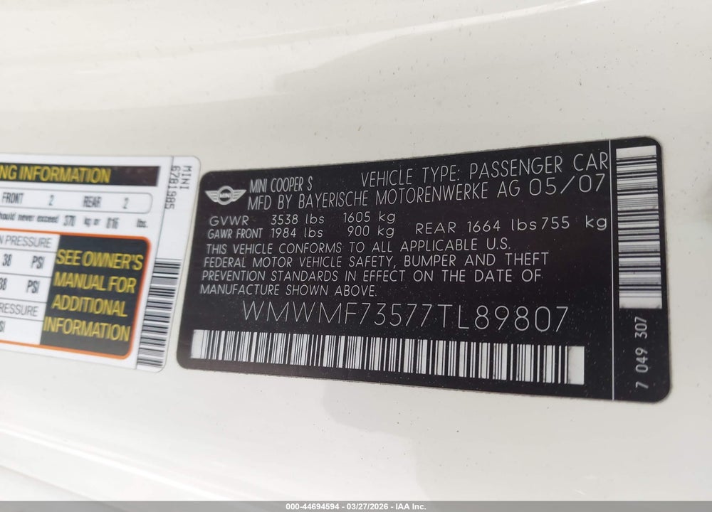 2007 MINI COOPER S VIN: WMWMF73577TL89807