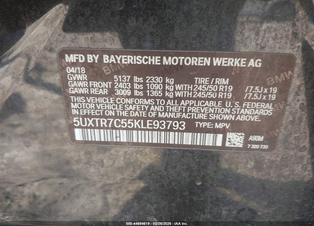 2019 BMW X3 SDRIVE30I VIN: 5UXTR7C55KLE93793