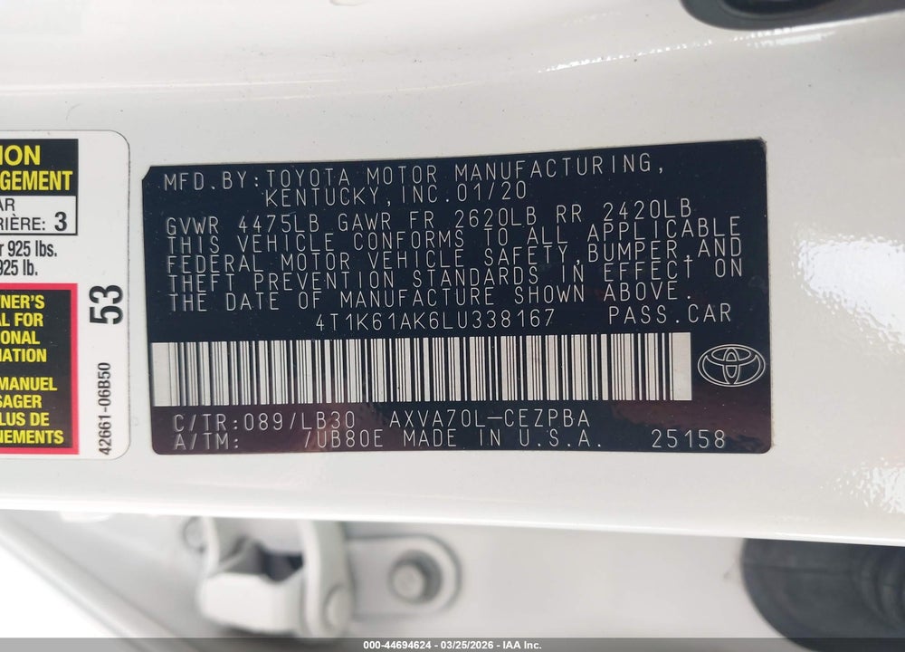2020 TOYOTA CAMRY XSE VIN: 4T1K61AK6LU338167