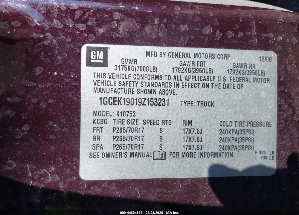 2009 CHEVROLET SILVERADO 1500 WORK TRUCK VIN: 1GCEK19019Z153231
