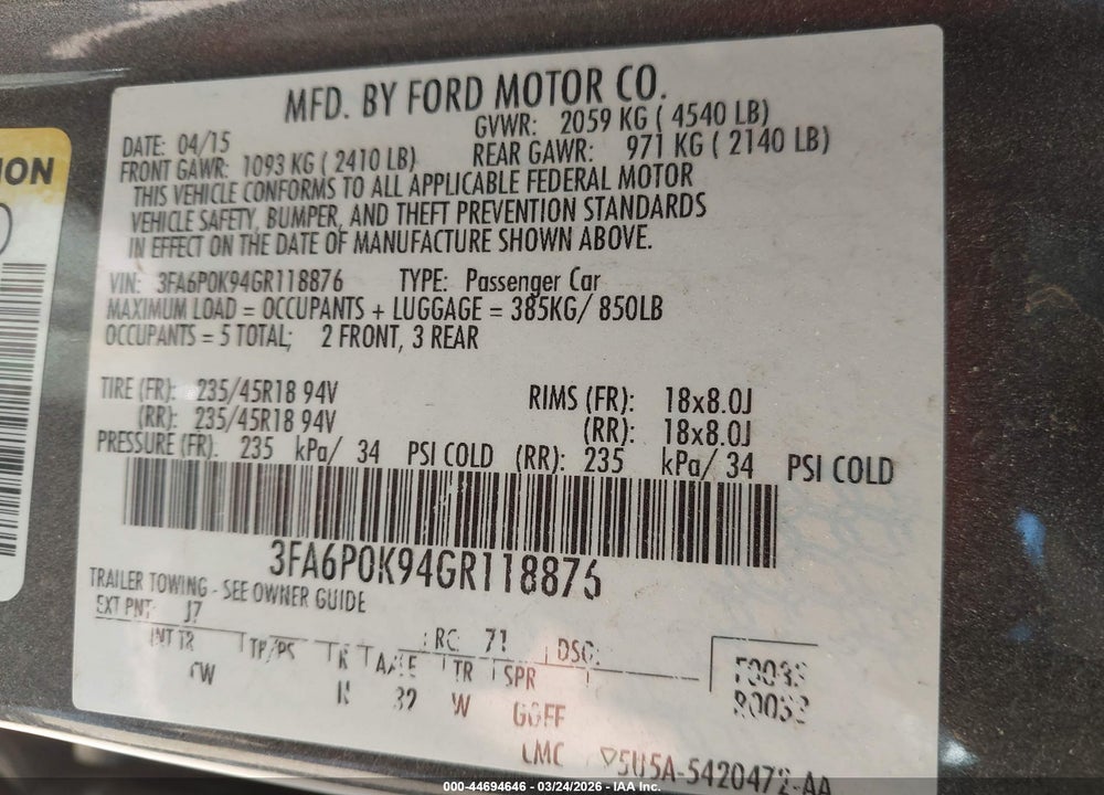 2016 FORD FUSION TITANIUM VIN: 3FA6P0K94GR118876