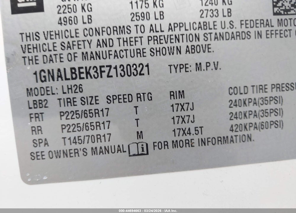 2015 CHEVROLET EQUINOX LT VIN: 1GNALBEK3FZ130321