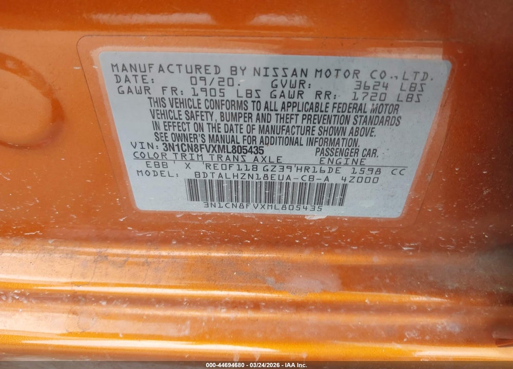 2021 NISSAN VERSA SR XTRONIC CVT VIN: 3N1CN8FVXML805435