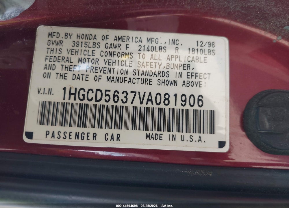1997 HONDA ACCORD LX VIN: 1HGCD5637VA081906