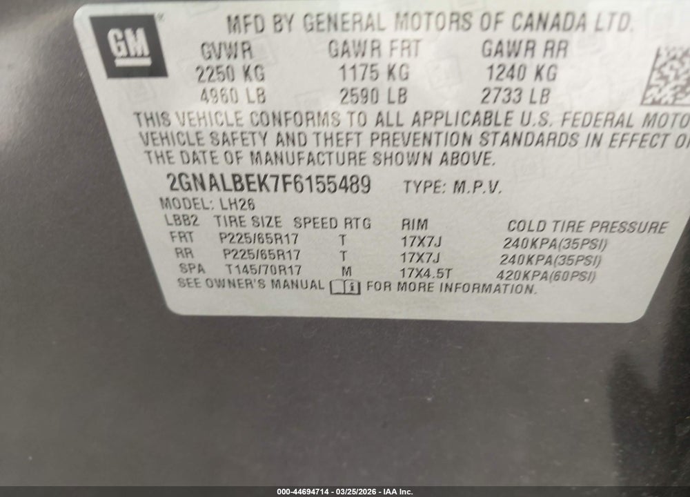 2015 CHEVROLET EQUINOX 1LT VIN: 2GNALBEK7F6155489