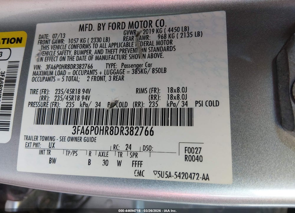 2013 FORD FUSION SE VIN: 3FA6P0HR8DR382766