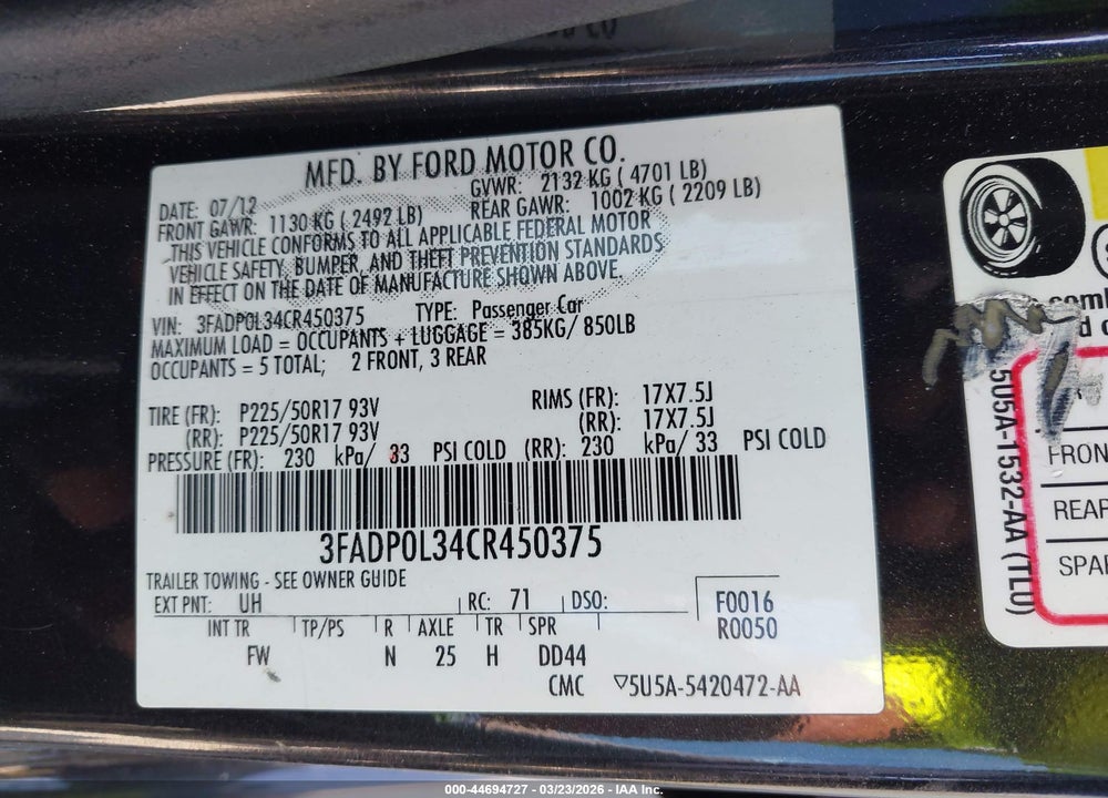 2012 FORD FUSION HYBRID VIN: 3FADP0L34CR450375