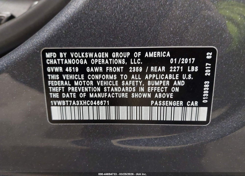 2017 VOLKSWAGEN PASSAT 1.8T SE VIN: 1VWBT7A3XHC046671