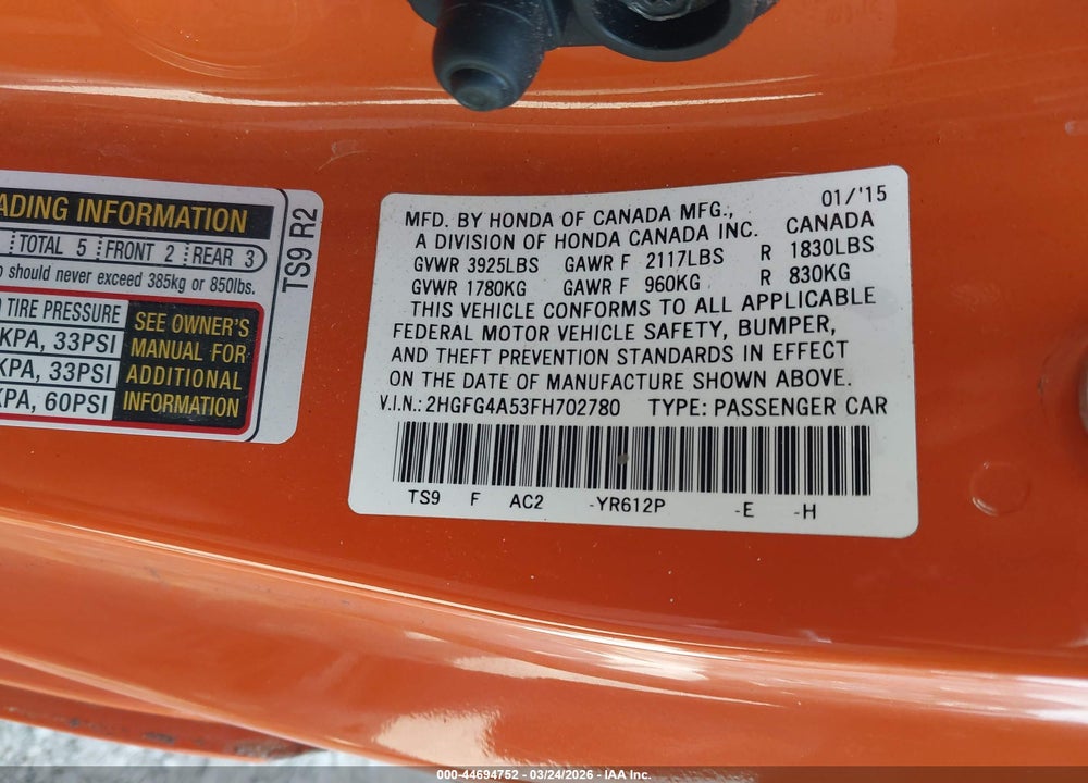 2015 HONDA CIVIC SI VIN: 2HGFG4A53FH702780