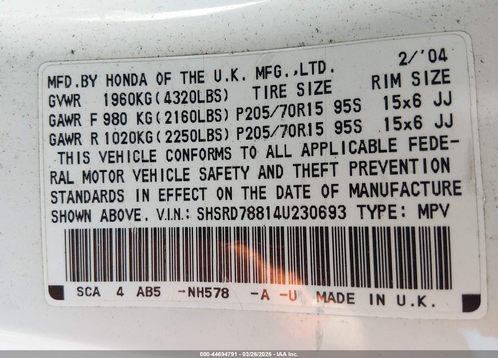 2004 HONDA CR-V EX VIN: SHSRD78814U230693