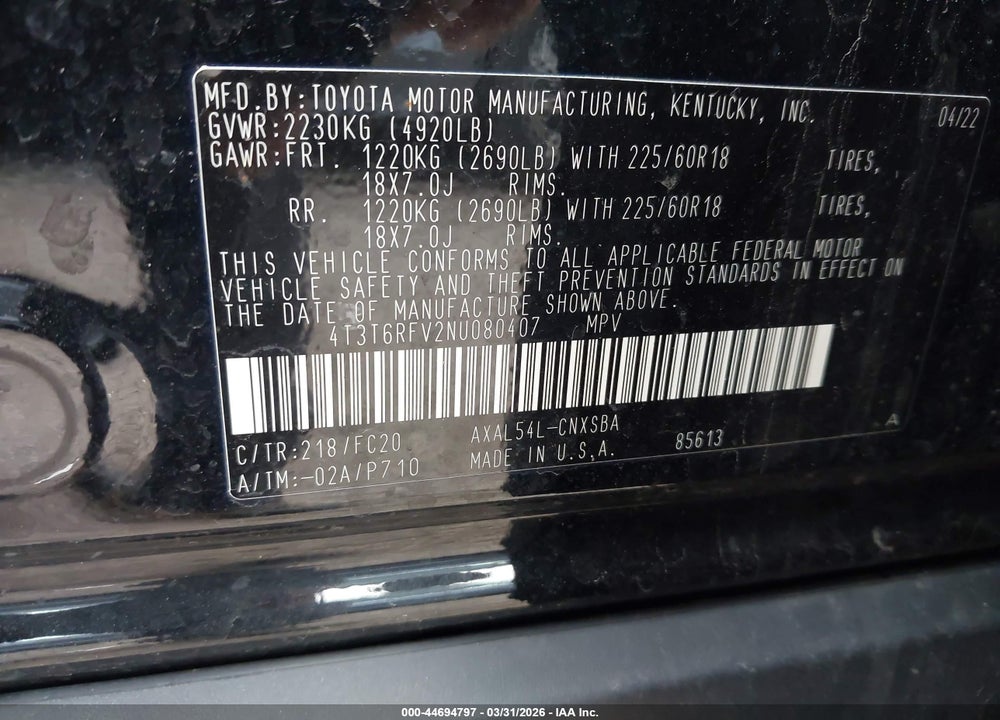 2022 TOYOTA RAV4 HYBRID SE VIN: 4T3T6RFV2NU080407