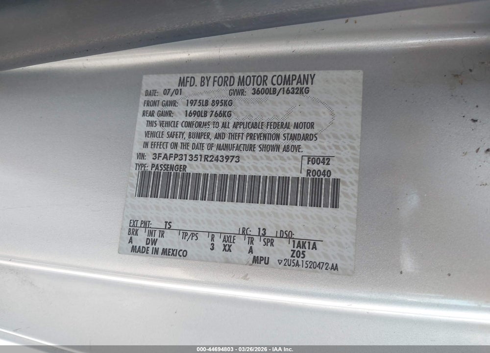 2001 FORD FOCUS ZX3 VIN: 3FAFP31351R243973