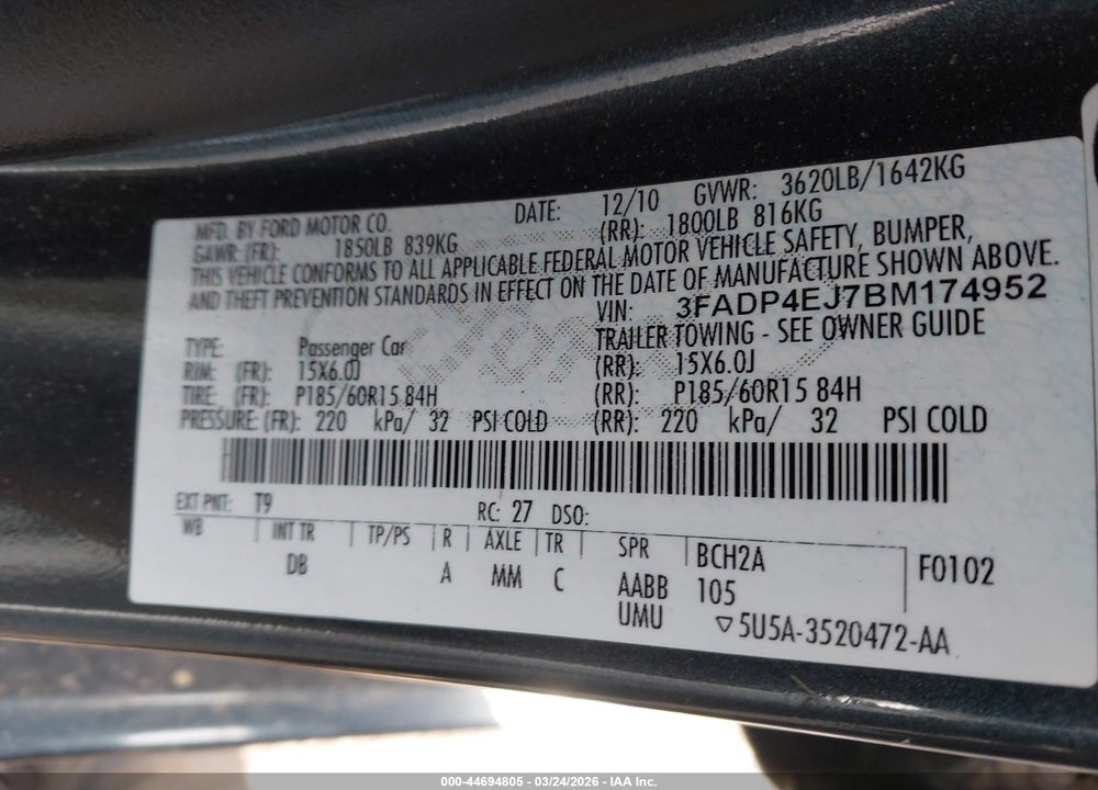 2011 FORD FIESTA SE VIN: 3FADP4EJ7BM174952