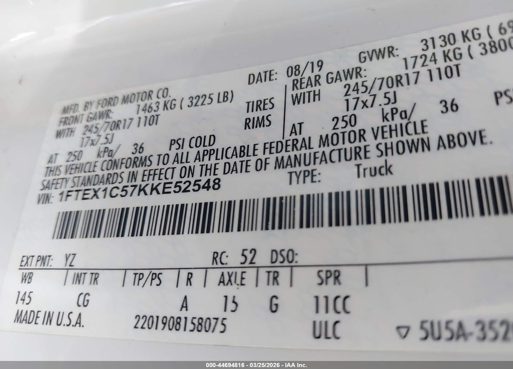 2019 FORD F-150 XL VIN: 1FTEX1C57KKE52548