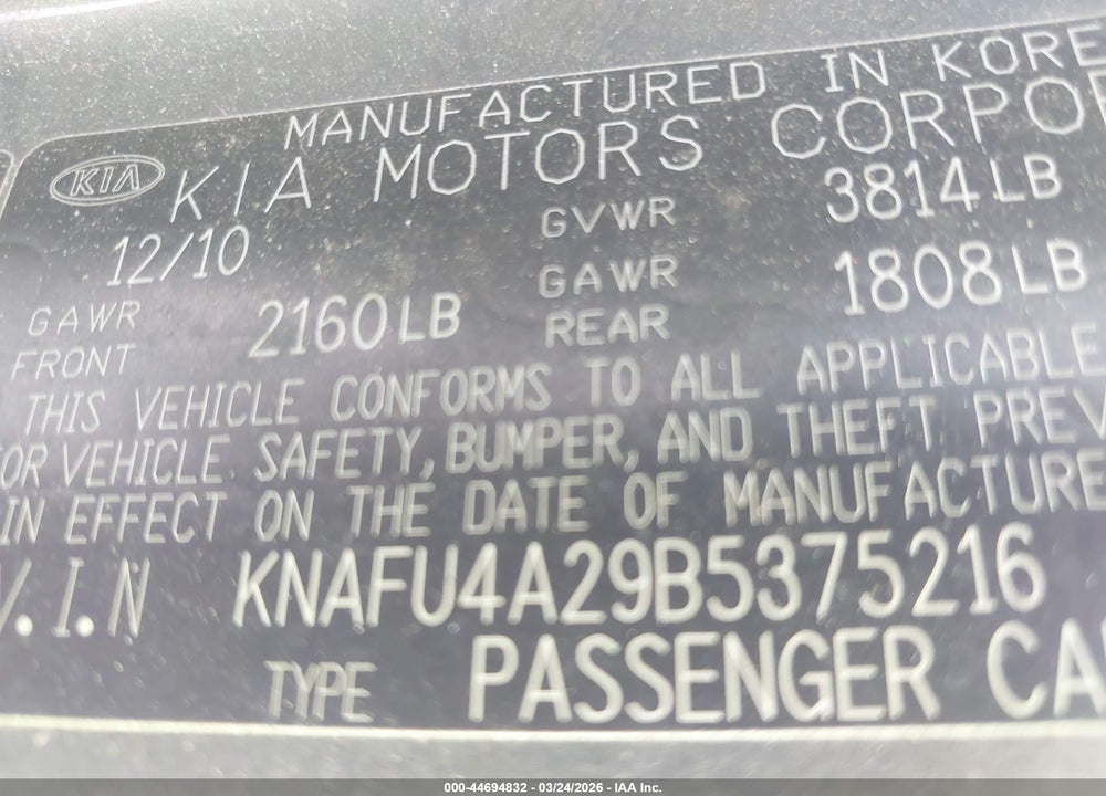 2011 KIA FORTE EX VIN: KNAFU4A29B5375216