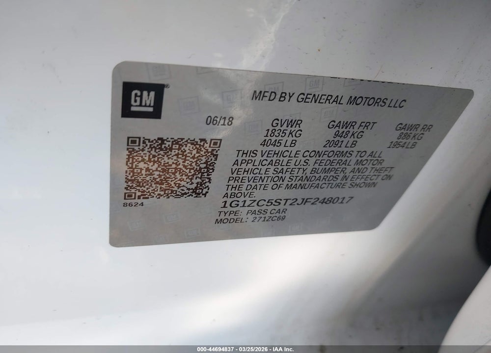2018 CHEVROLET MALIBU 1FL VIN: 1G1ZC5ST2JF248017